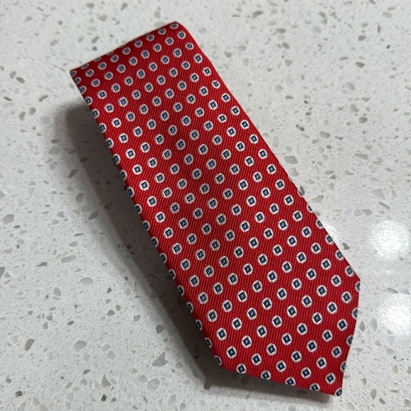 Silk Tie Red/blue/grey dot handmade USA JZ Boulder length 63” EUC preppy classic - Picture 1 of 3